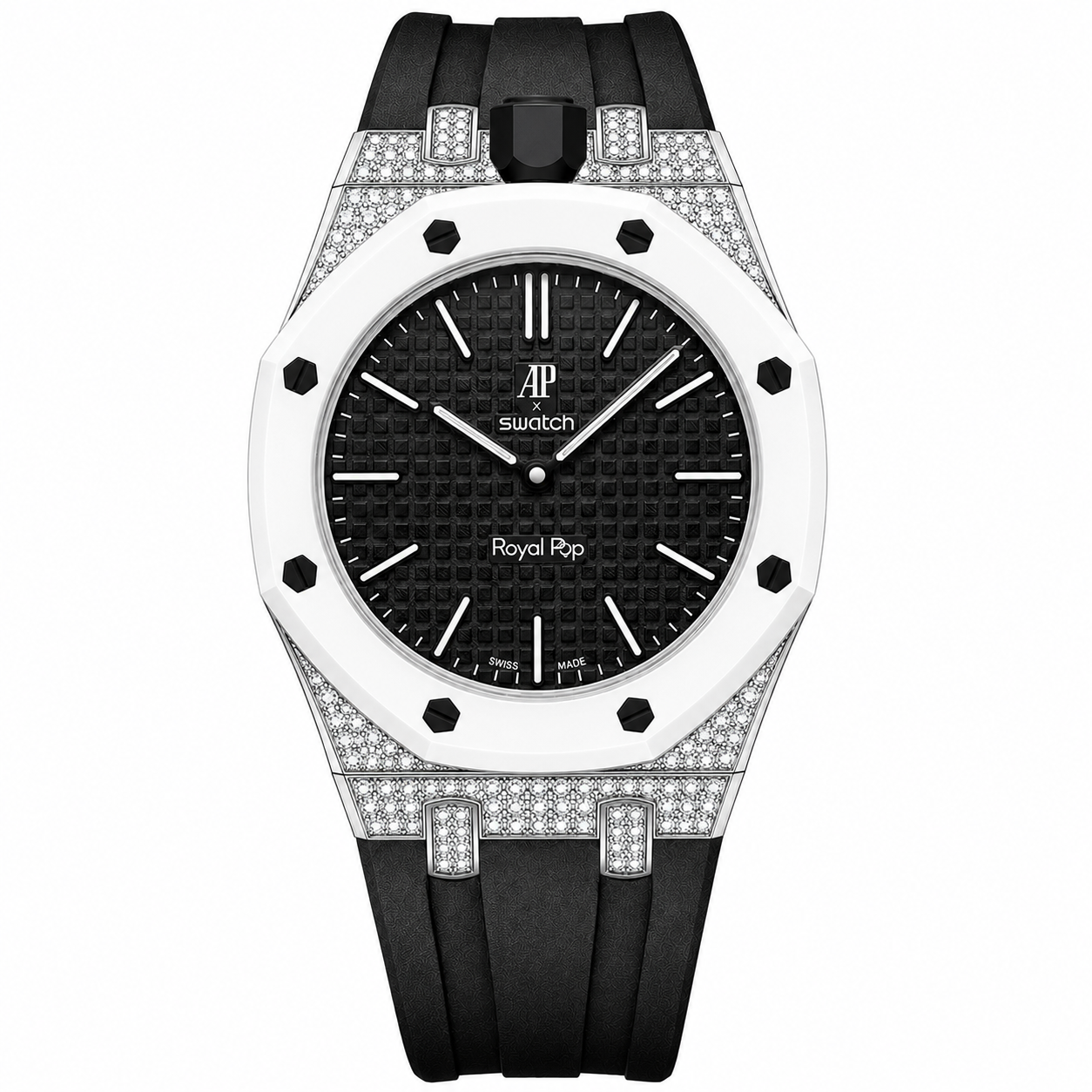 Moissanite Stainless Steel Rubber Strap Case For AP x Swatch Royal Pop Ocho Negro