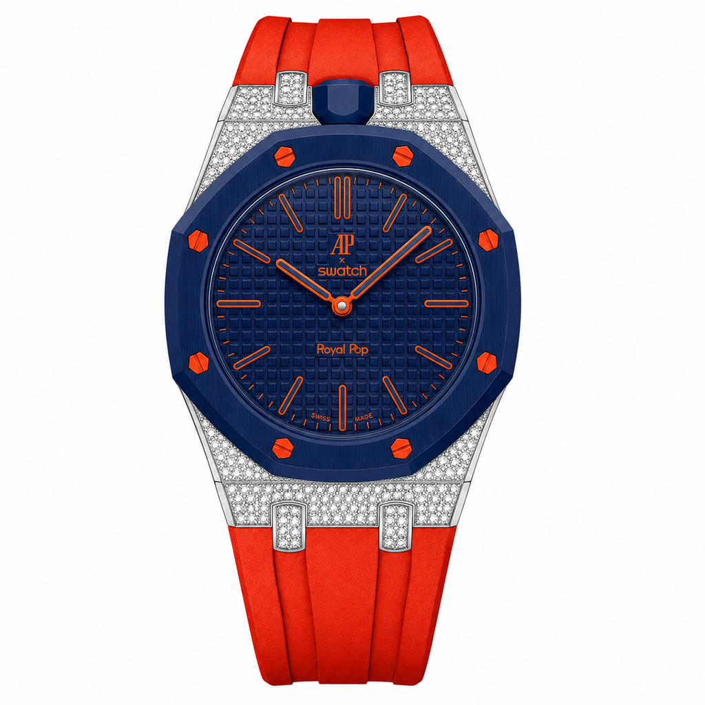 Moissanite Stainless Steel Rubber Strap Case For AP x Swatch Royal Pop Orenij Hachi