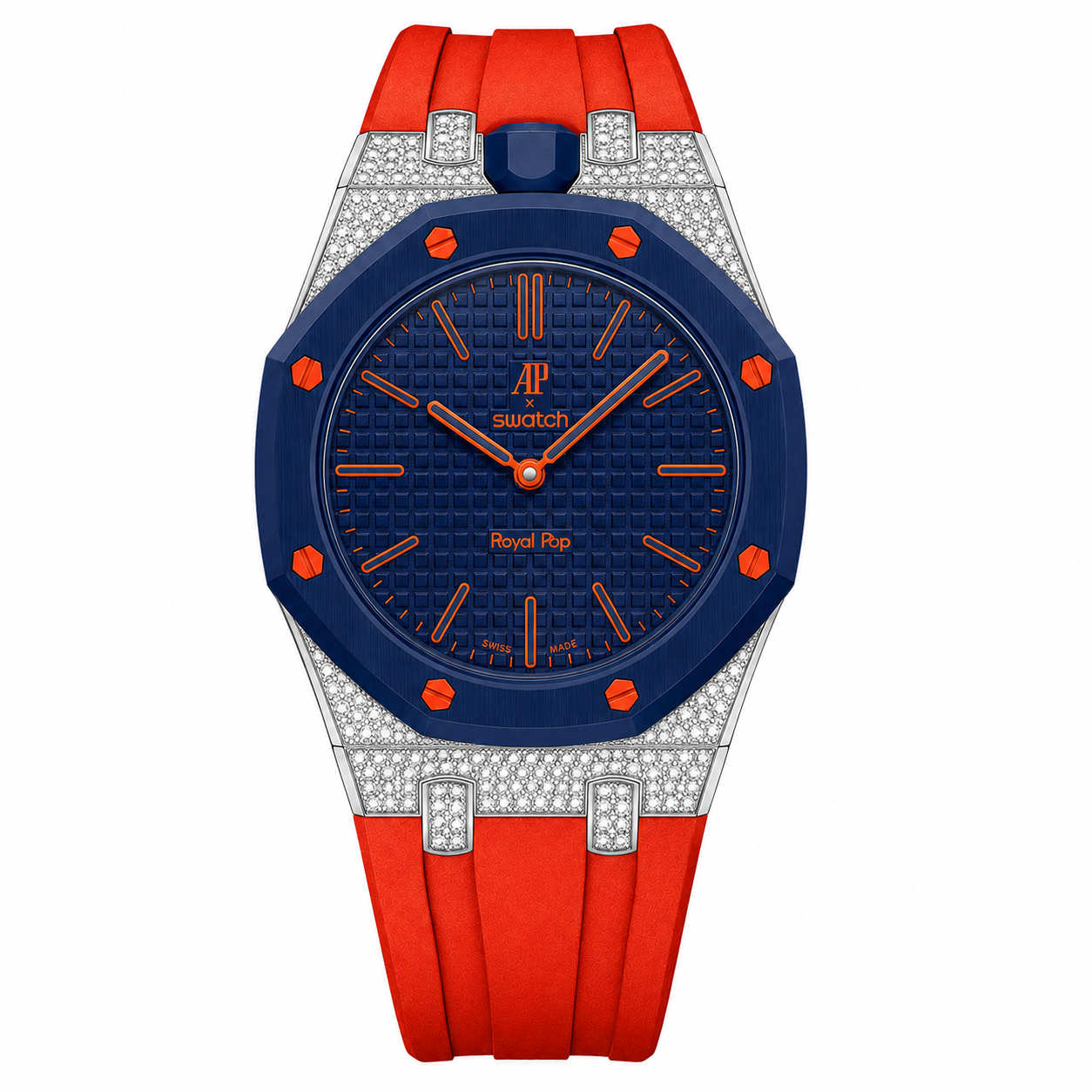 Moissanite Stainless Steel Rubber Strap Case For AP x Swatch Royal Pop Orenij Hachi