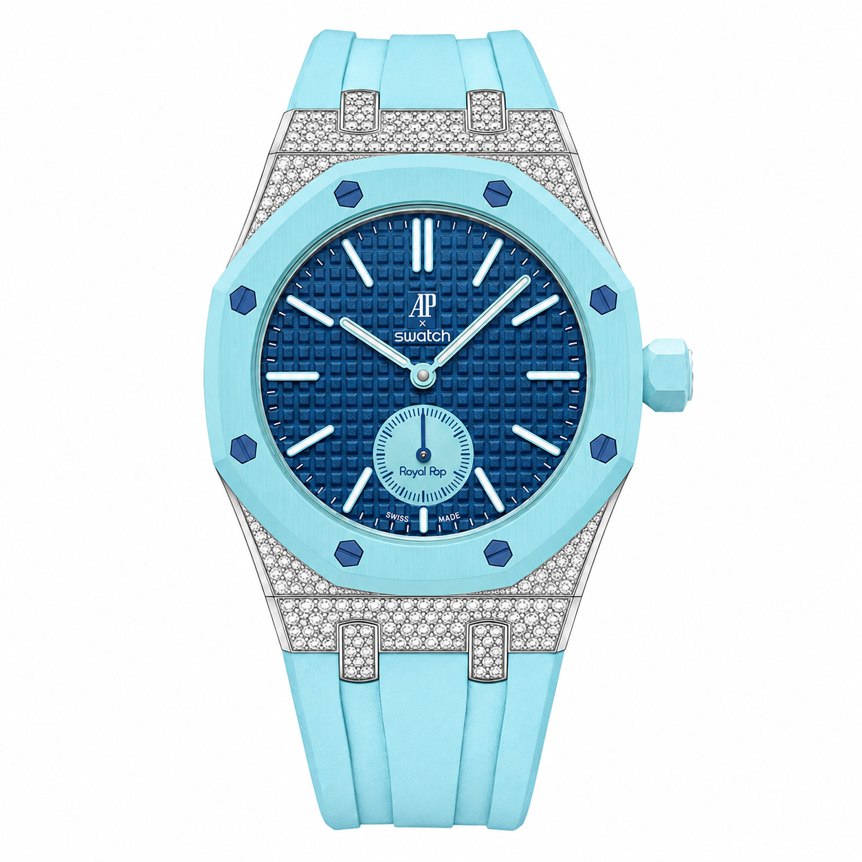 Moissanite Stainless Steel Rubber Strap Case For AP x Swatch Royal Pop Lan Ba