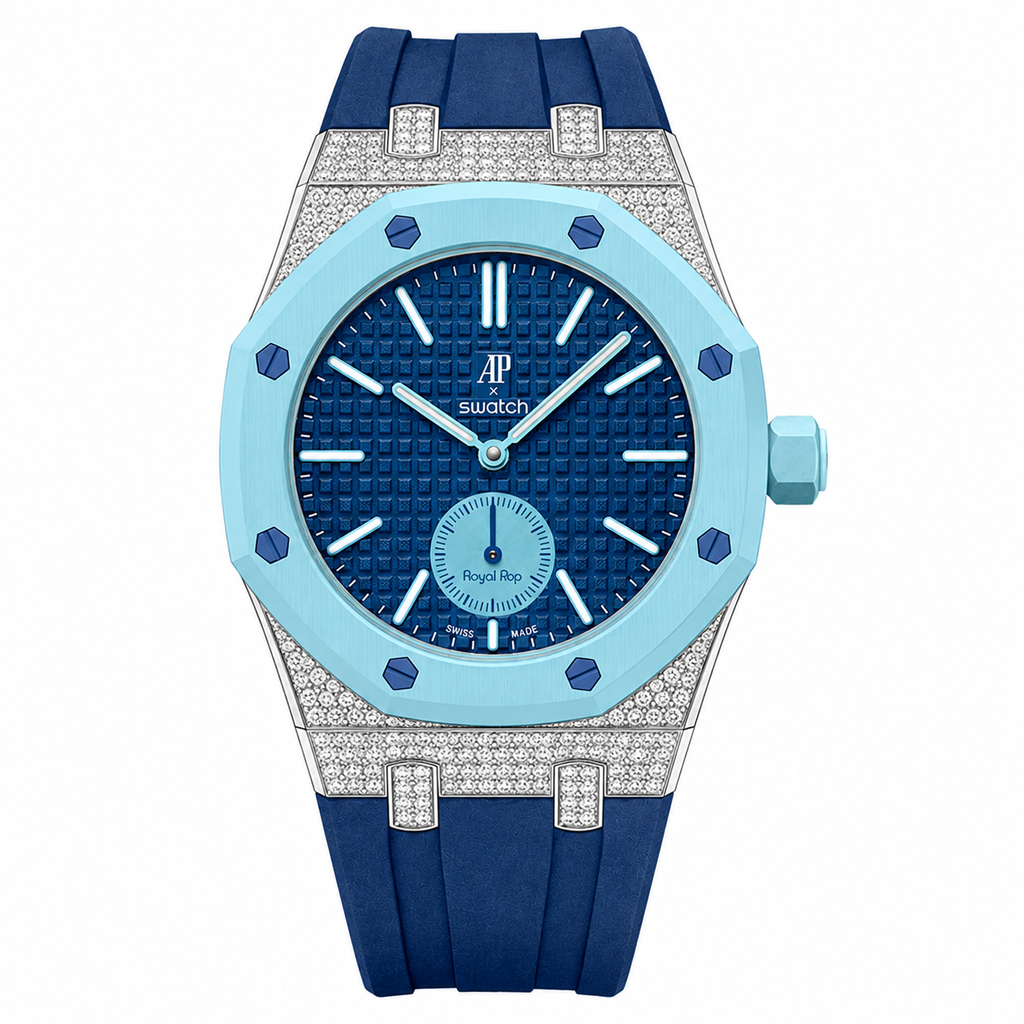Moissanite Stainless Steel Rubber Strap Case For AP x Swatch Royal Pop Lan Ba