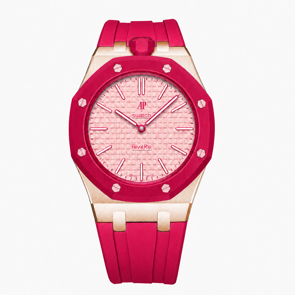 Stainless Steel Rosé Gold Rubber Strap Case For AP x Swatch Royal Pop Làn Ba