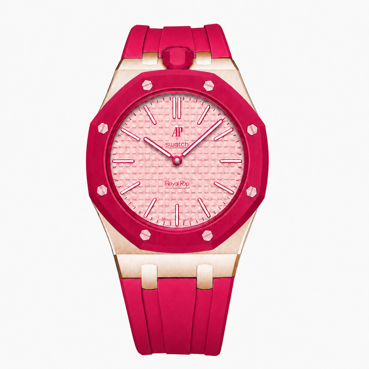 Stainless Steel Rosé Gold Rubber Strap Case For AP x Swatch Royal Pop Làn Ba