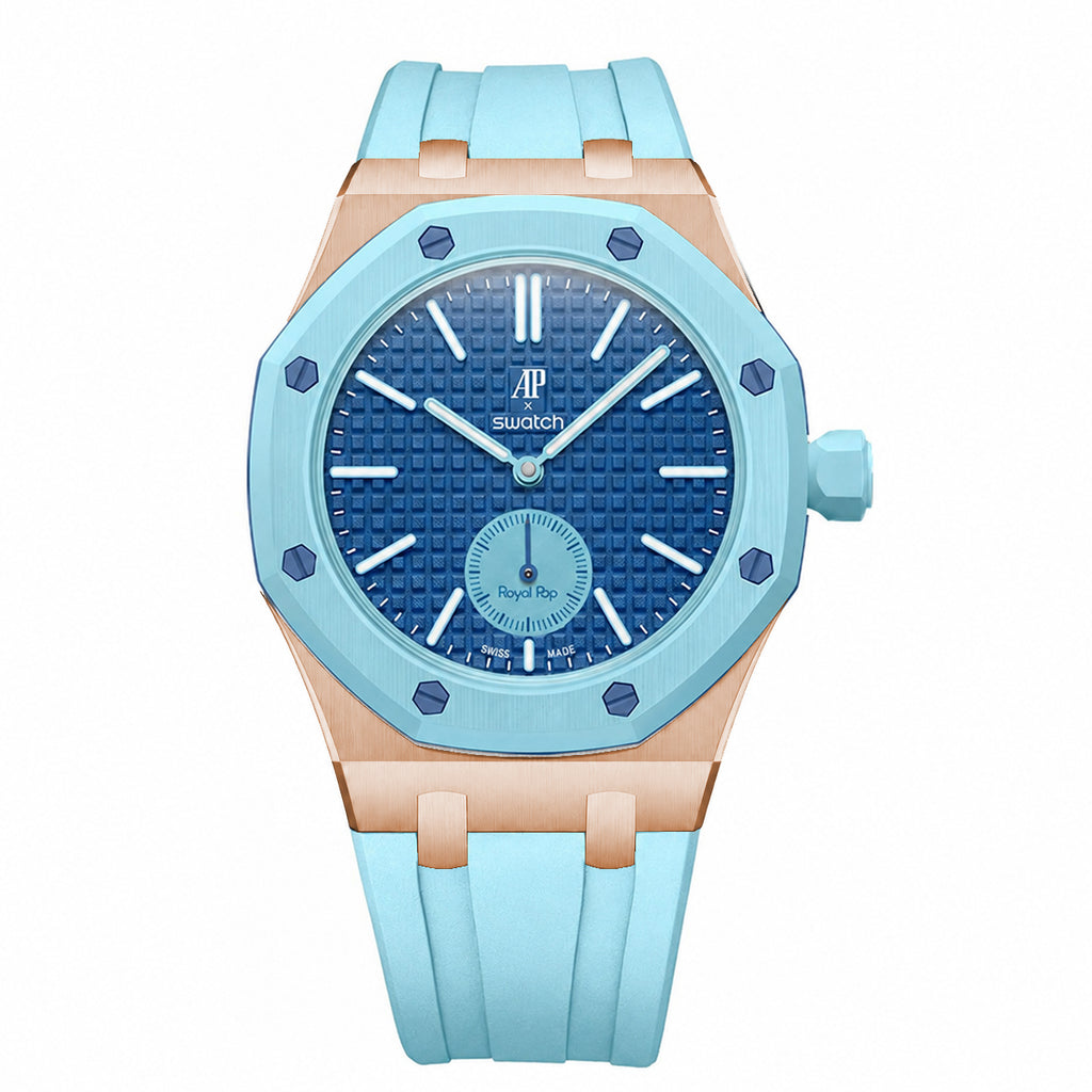 Stainless Steel Rosé Gold Rubber Strap Case For AP x Swatch Royal Pop Làn Ba