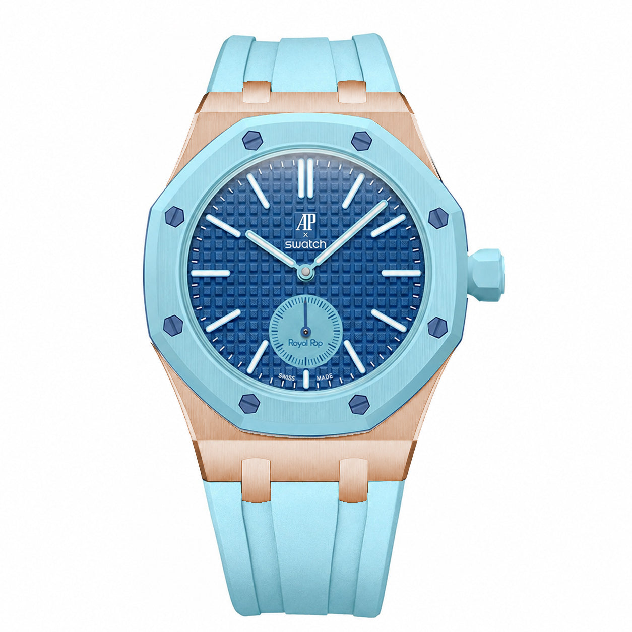 Stainless Steel Rosé Gold Rubber Strap Case For AP x Swatch Royal Pop Làn Ba