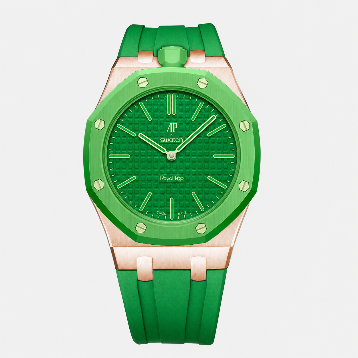 Stainless Steel Rosé Gold Rubber Strap Case For AP x Swatch Royal Pop Green Eight