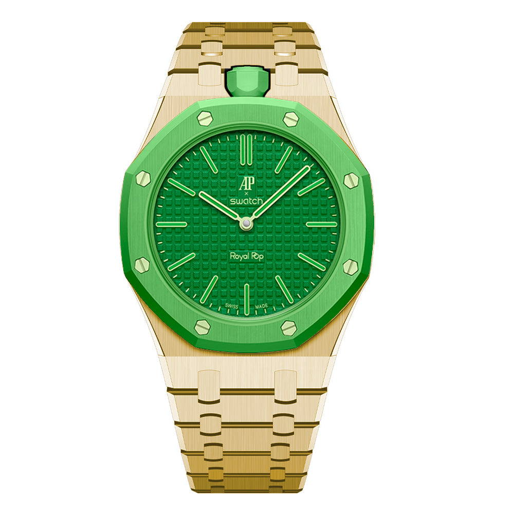 Stainless Steel Yellow Gold Bracelet Case For AP x Swatch Royal Pop Green Eight