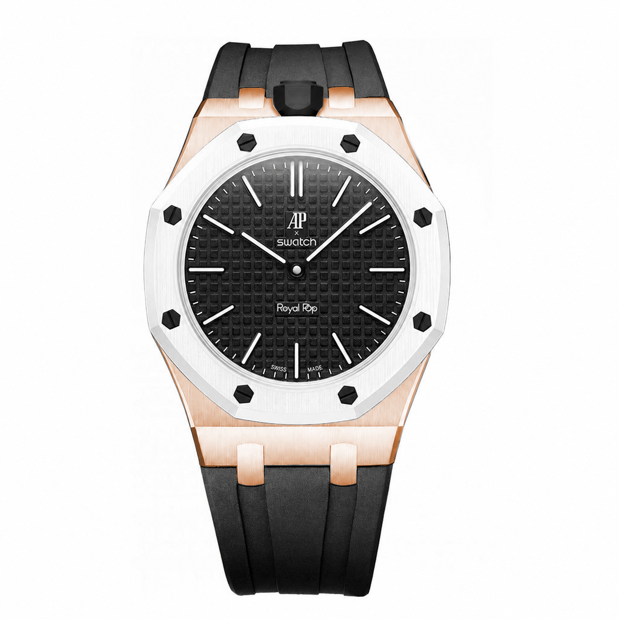 Stainless Steel Rosé Gold Rubber Strap Case For AP x Swatch Royal Pop Ocho Negro