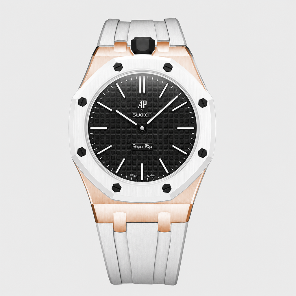 Stainless Steel Rosé Gold Rubber Strap Case For AP x Swatch Royal Pop Ocho Negro