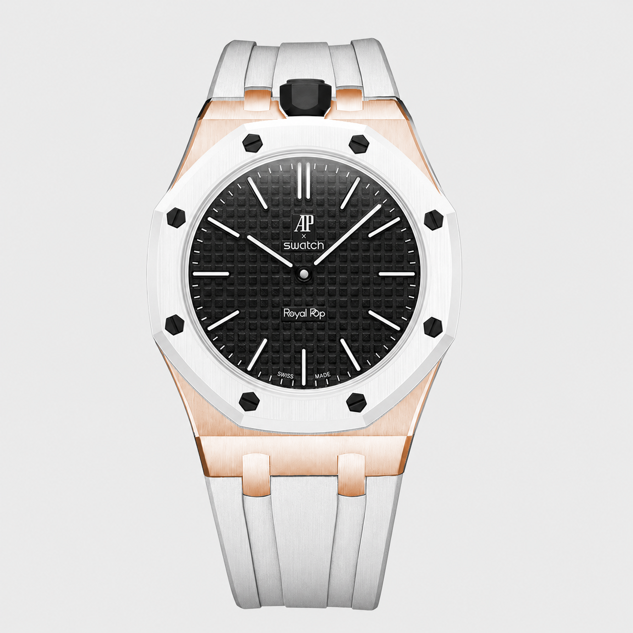 Stainless Steel Rosé Gold Rubber Strap Case For AP x Swatch Royal Pop Ocho Negro