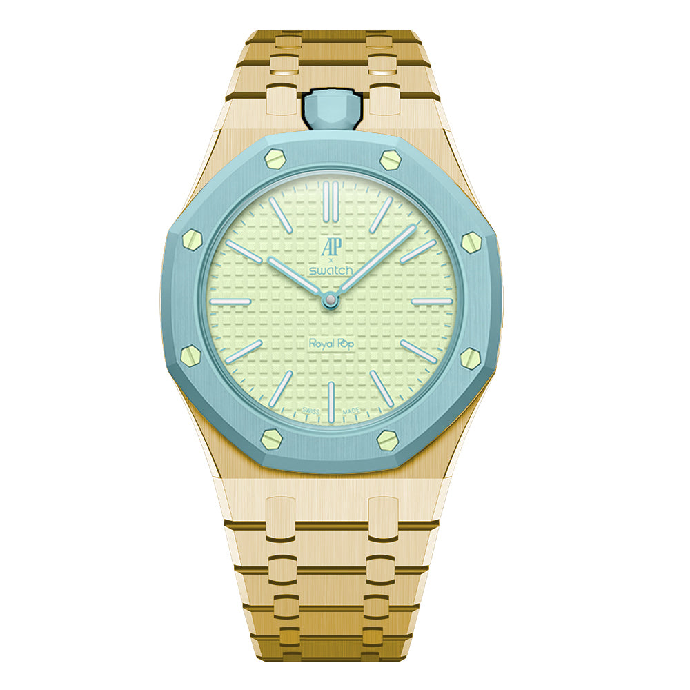 Stainless Steel Yellow Gold Bracelet Case For AP x Swatch Royal Pop Blaue Acht